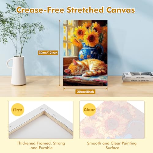 Bowetile Framed Paint by Numbers Cat Kit for Adults, Adults' Paint-by-Number Kits on Canvas, Painting by Numbers Sunflower, DIY Acrylic Number Painting for Home Wall Decor, 8x12in - color: Cat, Sunflower