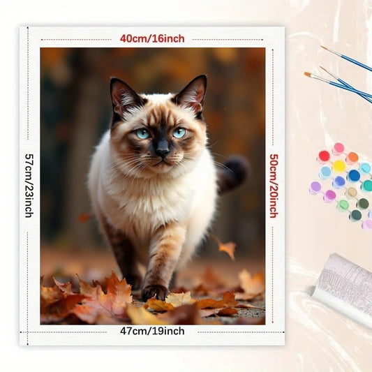 TAOPAOLAB Autumn Siamese Cat Paint by Numbers Kit for Adults - DIY Fluffy Blue-Eyed Cat with Leaves Painting on Canvas 16x20 Inches, Acrylic Paint Set, Suitable for Beginners, Pet Art for Decoration - color: FM04718, size: 40×50cm Unframed