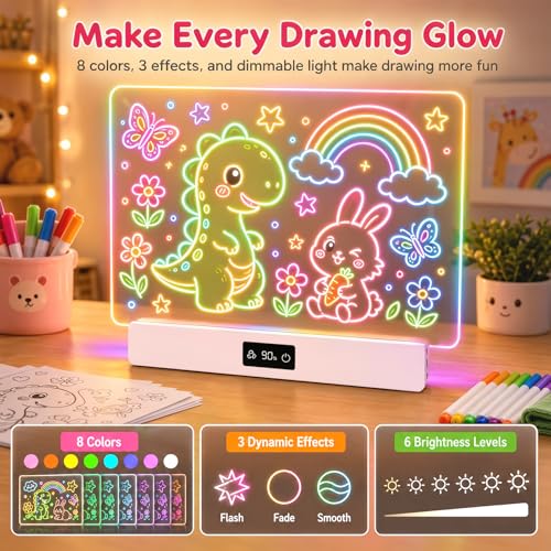 OUTON Rechargeable LED Drawing Board for Kids, 16" Glow Doodle LED Note Board with 8 Colors, 3 Light Effects, Reusable Neon Light Up Drawing Tablet Gift for Girls and Boys with Battery Display, Pink - color: Pink