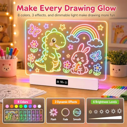 OUTON Rechargeable LED Drawing Board for Kids, 16" Glow Doodle LED Note Board with 8 Colors, 3 Light Effects, Reusable Neon Light Up Drawing Tablet Gift for Girls and Boys with Battery Display, Pink - color: Pink