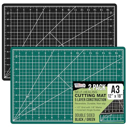 U.S. Art Supply 12"x18" Self-Healing Cutting Mat 5-Ply 2 Pack Green/Black | Double-Sided Green/Black Craft Mat, Non-Slip Cutting Mats for Crafts, Sewing, Quilting, Scrapbooking - color: Green/Black