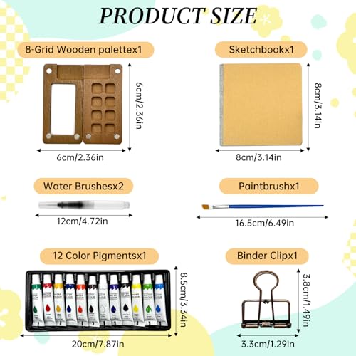 Mini Travel Watercolor Paint Set With Magnetic Palette 12 Colors | Wooden Magnetic Palette, 12 Colors With Water Brush Pens, Portable Design, For Artists Beginners Students, Travel Sketching
