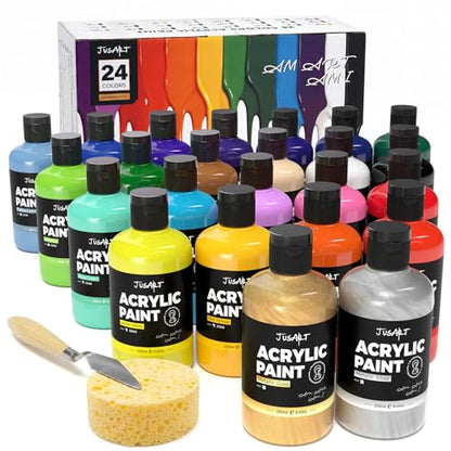 JusArt 24 Colors Acrylic Paint Set, Including Gold and Silver, 8.45oz(250ml) Large Bottles Adult Artist Paints for Canvas, Crafts, Mural, Rocks, Clay, Fabric, Wood - color: New 24 Colors (8.45oz)