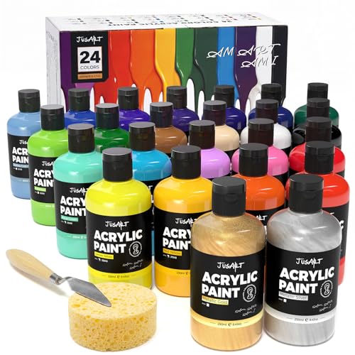 JusArt 24 Colors Acrylic Paint Set, Including Gold and Silver, 8.45oz(250ml) Large Bottles Adult Artist Paints for Canvas, Crafts, Mural, Rocks, Clay, Fabric, Wood - color: New 24 Colors (8.45oz)