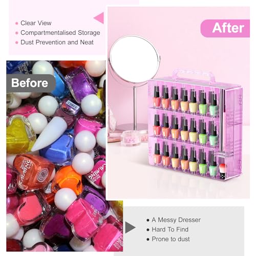 Beloving Nail Polish Organizer Case for 48 Bottles with Adjustable Divider, Double Side Nail Polish Holder for Storage Display, Pink - color: Pink, size: 1 Count (Pack of 1)