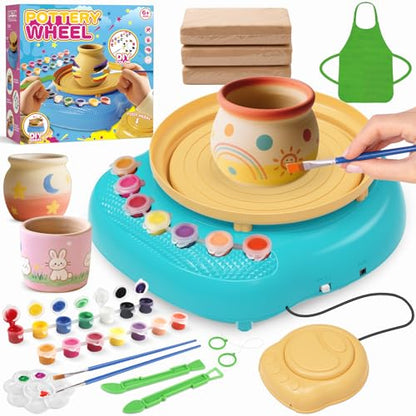 Pottery Wheel for Kids with Air Dry Clay Kit, 12 Paints & Tools, Ages 6-12 | No kiln needed: shape on the electric wheel, air-dry & paint. Gentle beginner speed; kit adds 3 clay packs, tools & apron - color: yellow/cyan