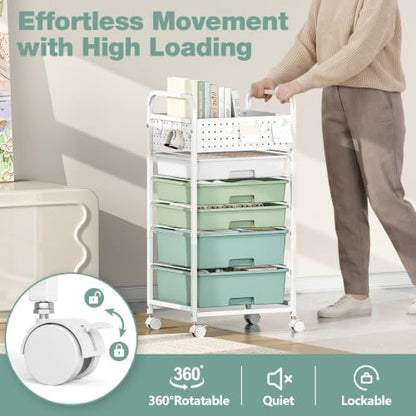5 Drawer Rolling Storage Cart with Pegboard Top and Hooks, Gradient Green - color: Gradient Green, size: 5-Drawers
