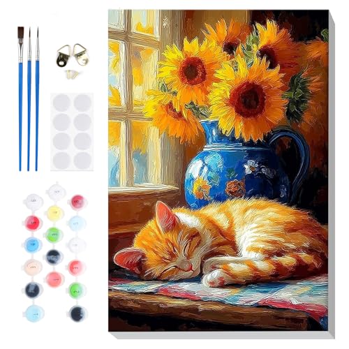 Bowetile Framed Paint by Numbers Cat Kit for Adults, Adults' Paint-by-Number Kits on Canvas, Painting by Numbers Sunflower, DIY Acrylic Number Painting for Home Wall Decor, 8x12in - color: Cat, Sunflower