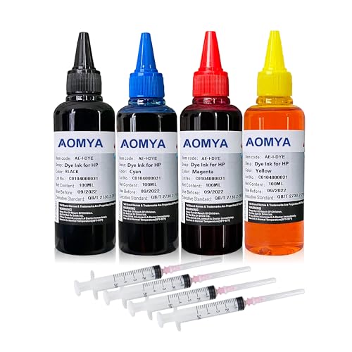 Aomya Ink Refill Kit 100ml for HP 67 61 65 60 62 63 910 920 901 902 932 933 934 940 952 94 95 96 Inkjet Printer Cartridges Refillable Ink Cartridges CIS CISS System 4 Color Set with 4 Syringes - size: BK/CMY