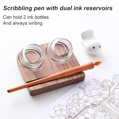Wooden Calligraphy Brush Holder with Glass Inkwell Container, Set with Angled Tip Holder Base (Upgraded Two Glass Ink Holders) - style: Upgraded Two Glass Ink Holders