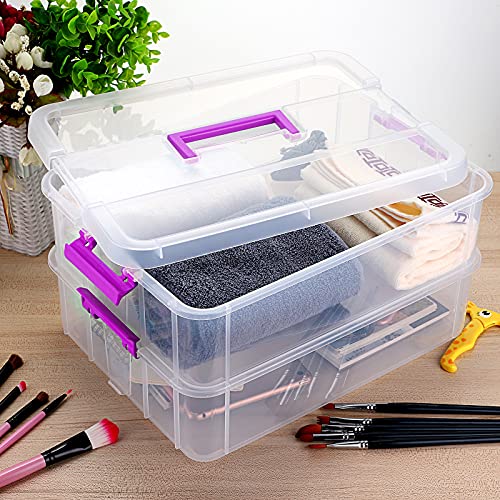 JUXYES 2-Tiers Plastic Stack Carry Storage Containers Box wih Handle Lids - color: Purple