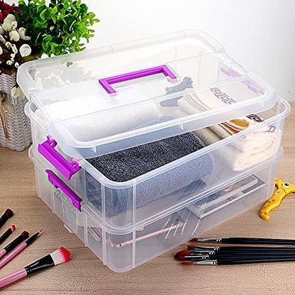 JUXYES 2-Tiers Plastic Stack Carry Storage Containers Box wih Handle Lids - color: Purple