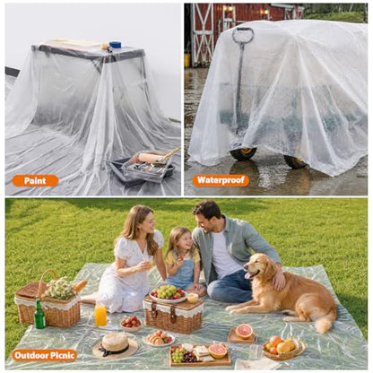 ROLLINGDOG 3 Pack Plastic Drop Cloths 12' x 9' | Clear Painting Tarp Waterproof Dust Cover 0.7mil Light Duty Disposable Plastic Sheeting for Floor Furniture Protection - color: 3 Pc