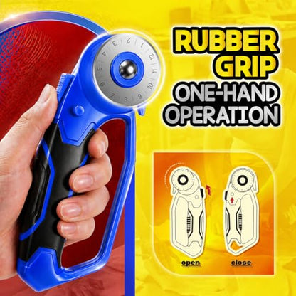 DIYSELF 45mm Rotary Cutter for Fabric, Fabric Cutter Rotary Tool, 5 Blades | Roller Cutter for Fabric with Ergonomic Handle, Safety Lock and Quick-Change Blades for Quilting, Sewing, Paper and Leather - color: Blue