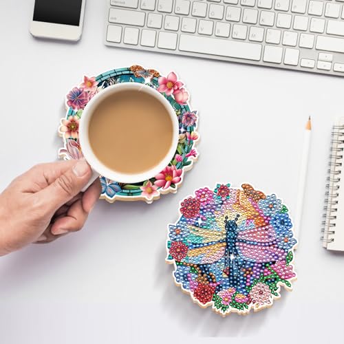 Dragonfly Diamond Art Coasters - 8 PCS DIY Colorful Flower Glass Diamond Painting Kits Special Shaped Non Slip Drink Coaster with Holder Art Craft Supplies Birthday Gift for Beginner Adult - color: Dragonfly