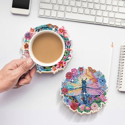 Dragonfly Diamond Art Coasters - 8 PCS DIY Colorful Flower Glass Diamond Painting Kits Special Shaped Non Slip Drink Coaster with Holder Art Craft Supplies Birthday Gift for Beginner Adult - color: Dragonfly