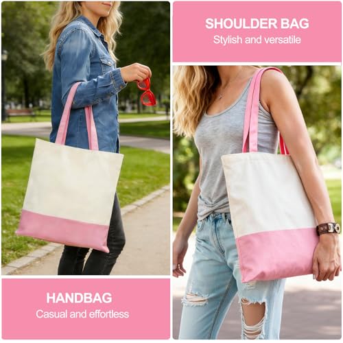 Canvas Tote Bag with Zipper for Women, Halloween Trick or Treat Bags Bulk | 13.8" x 15.3" Fashionable Two-Tone Cotton Tote Bag for Crafts, DIY Your Creative Designs - color: [A2] Beige / Pink