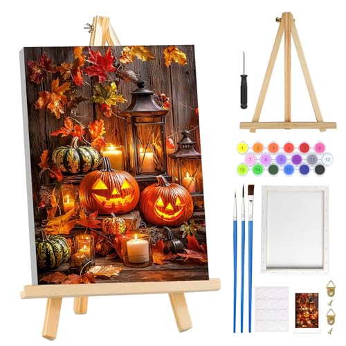 MOGTAA Halloween Paint by Numbers Kit for Adults Beginners with Frame, Fall Pumpkin Adult Paint by Number Kits on Canvas with Easel, Easy DIY Oil Painting Kits for Home Decor, 8x12in - color: Halloween Pumpkin2