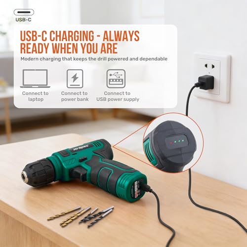 Hi-Spec 8V USB Power Drill Driver and Home Tool Kit with Toolbox Set, Green - color: Green, size: 70-Piece