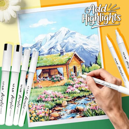 SFAIH Acrylic White Paint Pens - 8 Pack 2-3MM Medium Tip & 0.7MM Extra Fine Paint Marker for Rock Painting, Wood, Metal, Fabric, Plastic, Canvas, Glass, Ceramic, Diy Crafts, White Out Pen | High Coverage, Waterproof Permanent Marker,Rock Painting, Wood, F