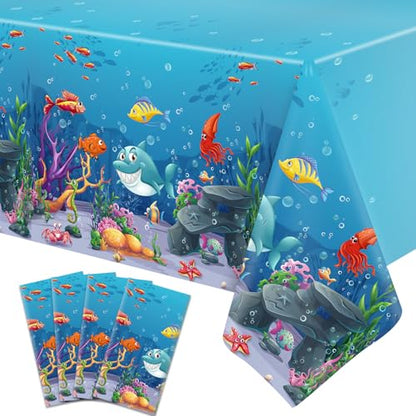 4 Pack Under The Sea Tablecloths Ocean Waves Underwater Table Cover Ocean Animals Table Cloth Ocean Sea Life Tablecloth Ocean Animal Table Cover Summer Beach Pool Birthday Party Supplies 51 x 86 IN