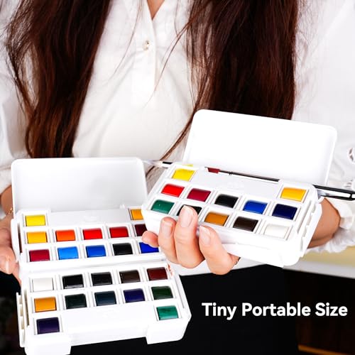 PHOENIX Twist Travel Watercolor Paint Set - Mini Watercolor Palette, 24 Colors Half Pan Portable Pocket Set with Watercolor Painting Kits - color: 24 Twist Colors