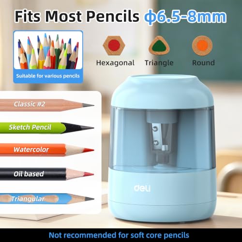 deli Electric Pencil Sharpener, Battery Operated, 6.5–8mm for Classroom | Battery Electric Pencil Sharpener, Durable Blade 5000+ Sharpen, Fits 6.5-8mm Pencils Classroom Kids Home - color: Blue