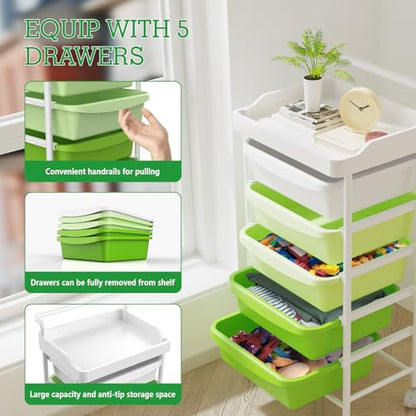 5 Drawers Plastic Rolling Storage Cart with Wheels, Teacher Supply - color: Green