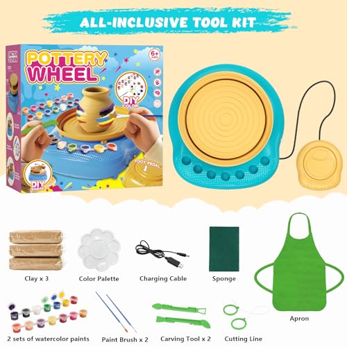 Pottery Wheel for Kids with Air Dry Clay Kit, 12 Paints & Tools, Ages 6-12 | No kiln needed: shape on the electric wheel, air-dry & paint. Gentle beginner speed; kit adds 3 clay packs, tools & apron - color: yellow/cyan