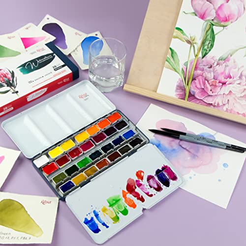 ROSA Gallery Botanical Watercolor Paint Set, Vibrant Kit Designed by Professional Artists, Washable, High Lightfastness Pigments, Made in Ukraine, Packed in Metal Paint Box, 28 Ct.