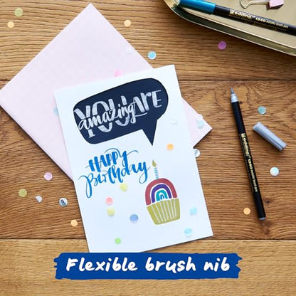 edding 1340 Metallic Brush Pen - Set of 6 pens - Flexible Brush Nib 1-6 mm - Glitter Metallic Marker for Lettering, Drawing and Sketching - high opcaity Even on Darker Paper - color: 27: Set of 6 - Metallic