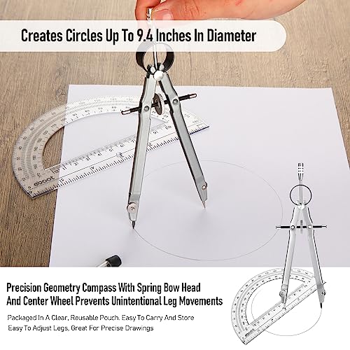 EBOOT Student Geometry Math Set, Metal Drawing Compass and 6 Inch Clear Swing Arm Protractors 180 Degree Math Protractor(Silver) - color: Silver