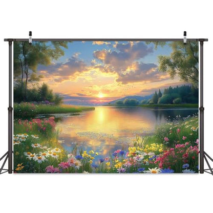 10X8ft Lake Natural Scenery Backdrop Spring Natural Scenery Flowers Landscape Mountain Forest Trees Flower Blue Sky Photography Background Picnic Camping Hiking Spring Travel Vacation Backdrop - color: Green, size: 10X8FT