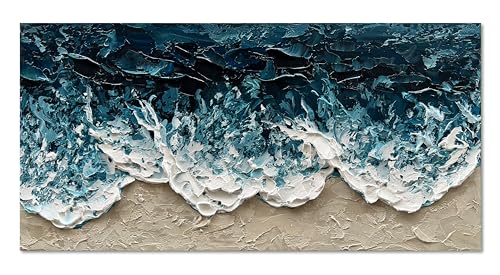 Art Hand-Painted Blue Ocean Beach Landscape Oil Painting Large Abstract Canvas Art Home wall Decoration 24x48 inches - color: Dn166