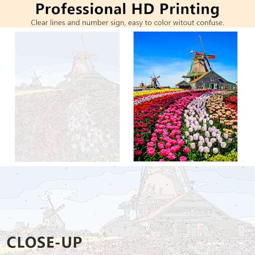 TUMOVO Paint by Numbers Kit for Adults Tulips Dutch | landscape tulips dutch 16x20 inch unframed canvas, easy to follow, pre-numbered, acrylic paints included. - color: Windmills