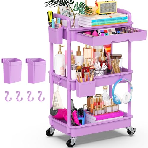 Goovilla 3 Tier Rolling Utility Cart Organizer with Removable Drawer,Purple | Stable and Sturdy Rolling Storage Carts with 2 Lockable Wheels for Bathroom, Kitchen, Snack, Craft, Makeup, Baby Essentials - size: 3 Tier, style: Purple