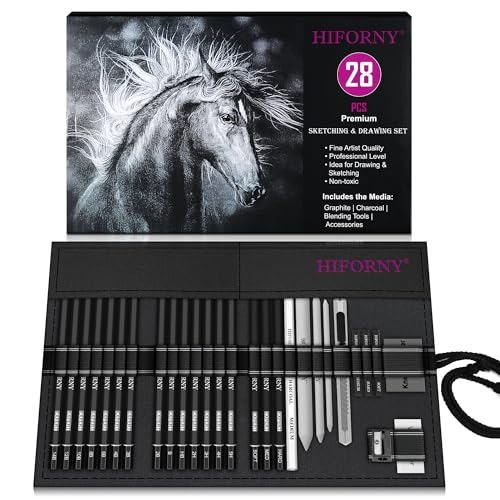 HIFORNY 28 PCS Sketching Drawing Pencil Set,Sketch Pencils Art Supplies with Graphite,Charcoal,Blending Tools,Accessories,Drawing Kit for Adults Artists in Canvas Roll Up Case