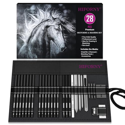 HIFORNY 28 PCS Sketching Drawing Pencil Set,Sketch Pencils Art Supplies with Graphite,Charcoal,Blending Tools,Accessories,Drawing Kit for Adults Artists in Canvas Roll Up Case