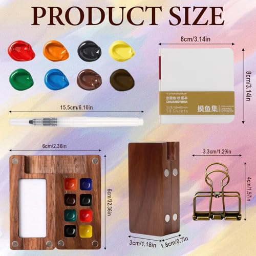 Mini Watercolor Travel Paint Set, 8 Grid Mini Portable Watercolor Palette with A Clip, Wooden Mini Paint Palette with Colours, Book, Binder Clips, Watercolor Pens for Painters Artists Students - color: 8 Grid