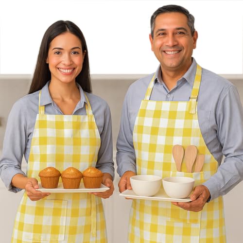 Native Fab Kitchen Apron 2 Pack - 100% Cotton Adjustable, Durable Apron with Pockets, Perfect for Cooking, Baking, Grilling - color: Buffalo, Lemon Yellow