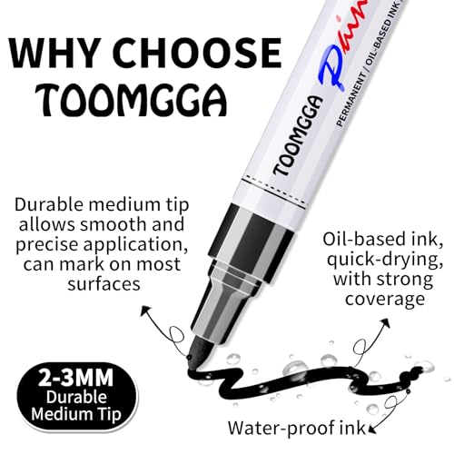 TOOMGGA 8 Black Paint Pens Permanent Paint Markers, Oil Based Medium Tip | Marking Pens, Quick Drying, Waterproof, Fade-resistant, for Rock Painting, Car Tyre, Metal, Plastic, Canvas, Mugs, Wood - color: Black