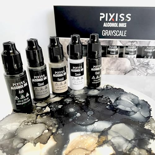 Pixiss Grayscale Alcohol Ink Set - 5 Shades of Highly Saturated Alcohol Ink for Epoxy Resin Supplies, Yupo Paper, Tumblers, Coasters - Resin Colorant for Epoxy Resin and Resin Art Supplies - color: White