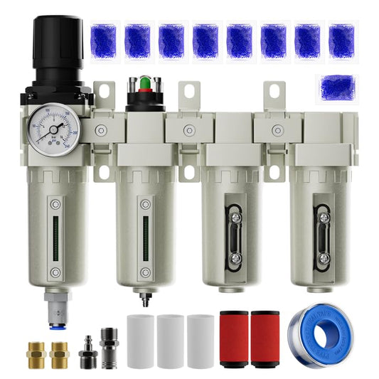 1/2" NPT 4 Stage Air Drying System for Air Compressor, Industrial Grade Oil Water Separator with 0-240 PSI Air Pressure Regulator, Coalescing Filter, Auto Drain, for Plasma Cutter & Painting - size: 1/2'' NPT