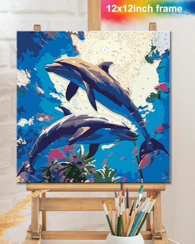 TOCARE Framed Paint by Numbers Kit for Adults & Kids Ages 8-12, 12x12Inch Dolphin Paint by Numbers with Frame, Seascape Paint by Number Framed Canvas for Animal Lovers (Without Easel) - color: TC-F-372