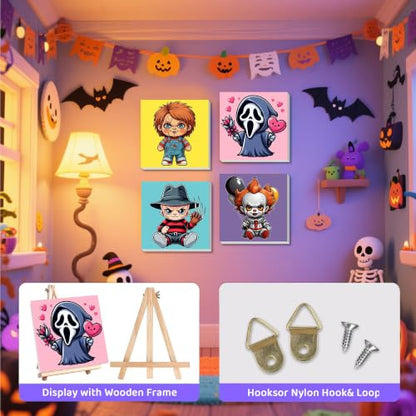 4 Pack Halloween Paint by Numbers for Kids with Frame Canvas - Wooden Easel - color: BKH2885+BKH2886+BKH2887+BKH2888