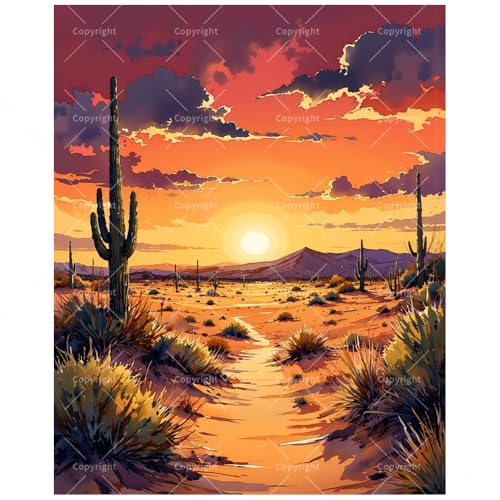 Desert Landscape Paint by Numbers Kit for Adults – DIY Sunset Over Cactus Trail Painting on Canvas, Acrylic Paint Set, Suitable for Beginners, Nature Art for Home Decoration or Gifts(12X16IN Framed) - color: HSX01135, size: 12X16IN Framed