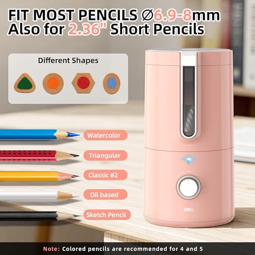 deli Electric Pencil Sharpener, Fully Automatic Pencil Sharpener, Pink | for 6.9-8mm Pencils, 5 Sharpness Modes, Rechargeable Hands-Free Sharpener for Classroom Home Office - color: Pink