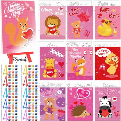 Blosssound 10 Set Valentine's Day Jungle Animals Pre Printed Canvas Pre Drawn Canvas Painting with Easel Kits 5" x 7" Outline Painting Panels for Beginners, DIY Craft Project, Party Favor, Home Decors - style: Jungle Animal