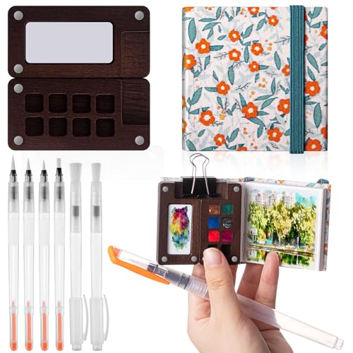 Qilery Mini Portable Watercolor Palette Set Wooden Grid Paint Box Watercolor Paper Sketch Book Brush Pens with Binder Clip for Painters Artist Not Include Paint(Blue Flowers) - style: Blue Flowers