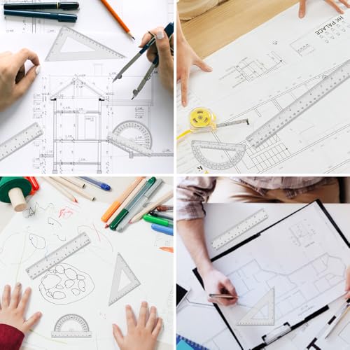Plastic Clear Ruler Math Set-4 12 Inch 6 Inch Transparent Straight Ruler, 30/60 and 45/90 Triangle Ruler Geometry Math Transparent Ruler Measuring Tool for School Office Home Teachers Kids Supplies - color: Clear